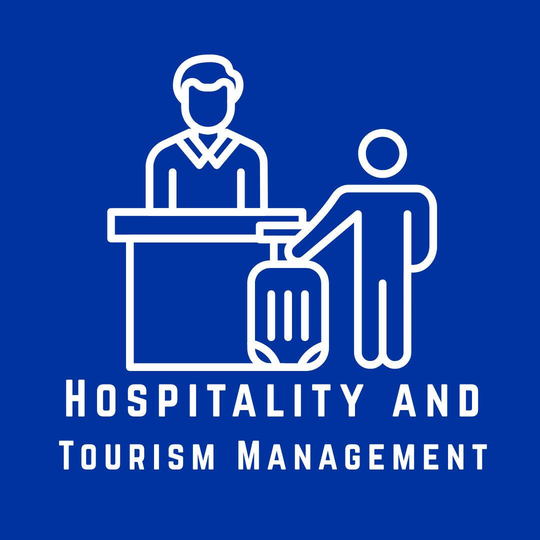 blue logo for hospitality and tourism management major, image is a drawing of person behind concierge desk and a travelor with suitcase